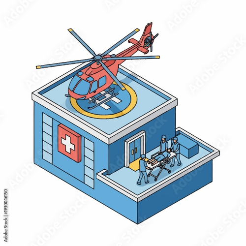 Isometric Hospital Building with Helipad and Medical Staff.