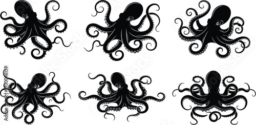 Black octopus silhouette set with curly tentacles, aquatic marine animal icons, sea monster cephalopod collection for nautical nature design, isolated vector.