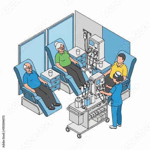 Isometric illustration of patients undergoing dialysis treatment in a medical clinic.