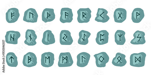 Set of hand drawn viking runes Rune stones with ancient norse alphabet characters engraved on them Scandinavian futhark germanic celtic Single element for design, print, web, decor