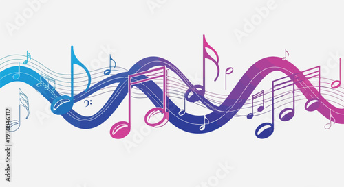 Colorful musical notes on flowing lines with gradient coloring