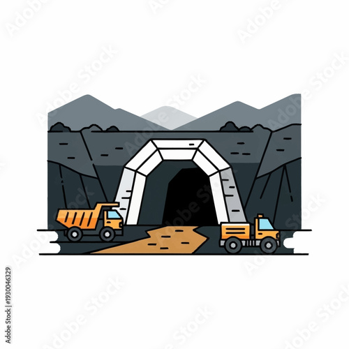 Mining operation with dump trucks entering and exiting a tunnel.