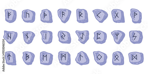 Set of hand drawn viking runes Rune stones with ancient norse alphabet characters engraved on them Scandinavian futhark germanic celtic Single element for design, print, web, decor