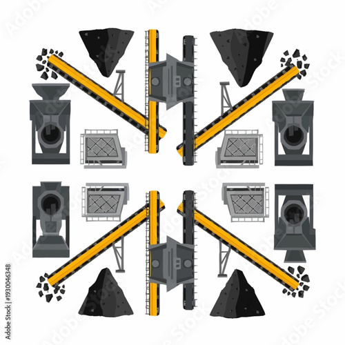 Mining and quarrying equipment set with coal piles and conveyor belts.