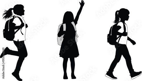 Black silhouettes of young students wearing backpacks walking and jumping happily to school isolated on a clean white background, vector