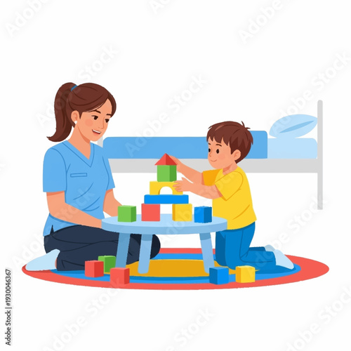 Nanny and young boy playing with colorful building blocks on a rug.
