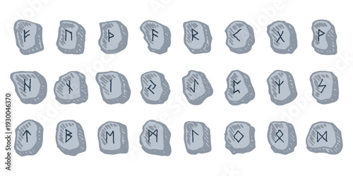Set of hand drawn viking runes Rune stones with ancient norse alphabet characters engraved on them Scandinavian futhark germanic celtic Single element for design, print, web, decor