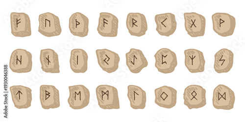 Set of hand drawn viking runes Rune stones with ancient norse alphabet characters engraved on them Scandinavian futhark germanic celtic Single element for design, print, web, decor