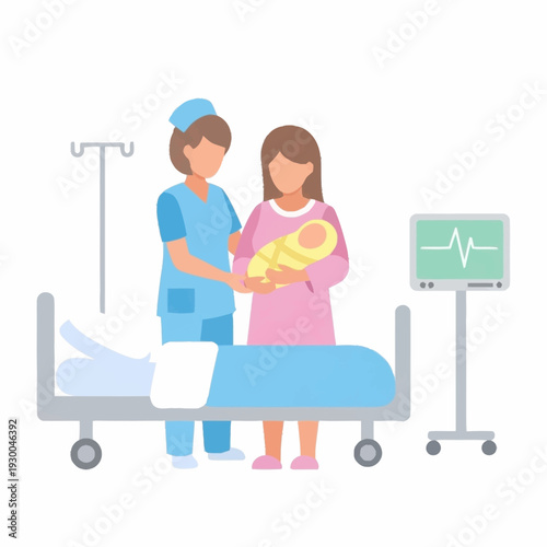 Nurse Assisting Mother With Newborn Baby In Hospital Room.