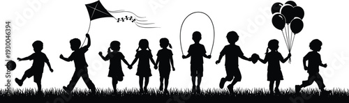 Black silhouettes of diverse group of children playing with kites, balloons, soccer balls, and jump ropes on a grassy field