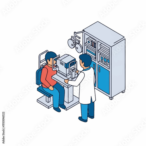 Optometrist examining patients eyes with advanced ophthalmic equipment.