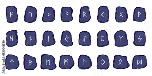 Set of hand drawn viking runes Rune stones with ancient norse alphabet characters engraved on them Scandinavian futhark germanic celtic Single element for design, print, web, decor