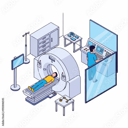 Patient undergoing CT scan in a hospital room with medical personnel.