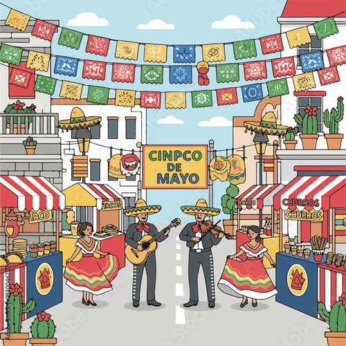 Festive street scene with musicians and food stalls, celebration depicted
