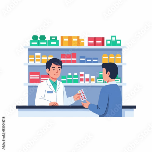 Pharmacist dispensing medication to a customer at a pharmacy counter.