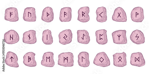 Set of hand drawn viking runes Rune stones with ancient norse alphabet characters engraved on them Scandinavian futhark germanic celtic Single element for design, print, web, decor