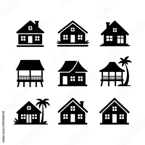 House icons in a grid, showcasing various residential buildings and tropical bungalows as.
