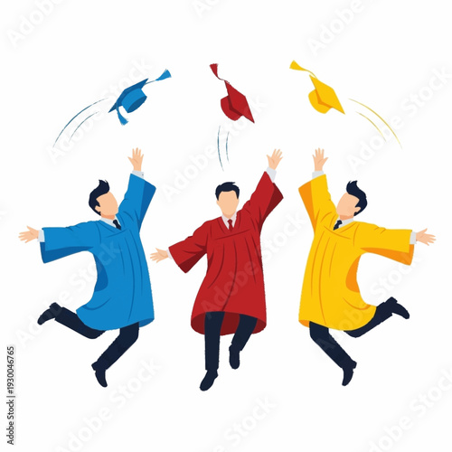 Three graduates in colorful gowns celebrating by throwing their caps in the air.
