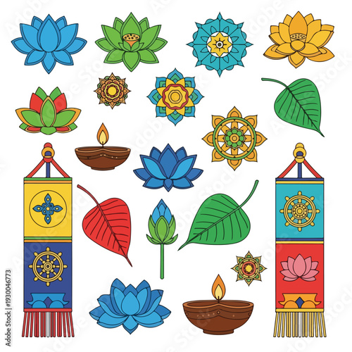 Colorful vector illustration of various floral and spiritual symbols