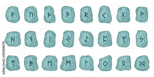 Set of hand drawn viking runes Rune stones with ancient norse alphabet characters engraved on them Scandinavian futhark germanic celtic Single element for design, print, web, decor