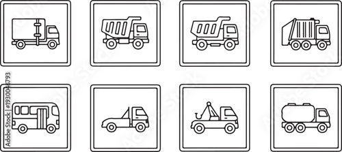 Set of Various Trucks and Vehicles Line Icons and Illustrations Isolated on White Background