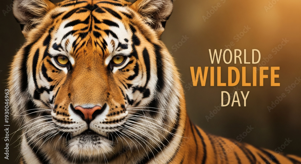 Fototapeta A majestic tiger with striking orange and black stripes and intense yellow eyes, promoting World Wildlife Day.