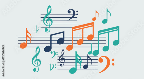 Colorful musical notes on staves and musical symbols
