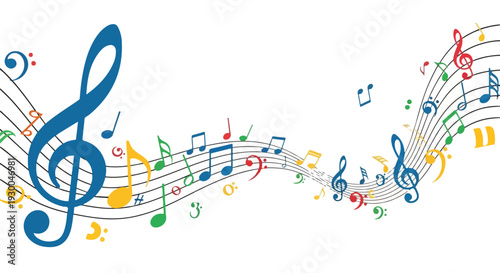 Colorful musical notes and symbols flowing on a staff