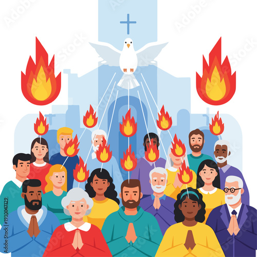 Group of diverse people with flames on their heads, dove, and cross