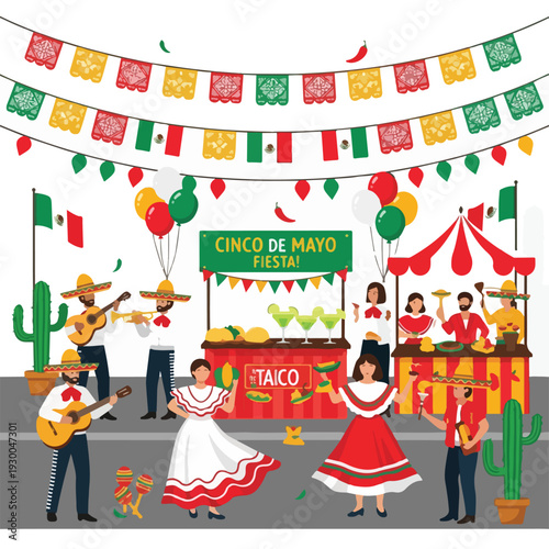 Festive street scene with musicians, dancers, food stalls, and party decorations