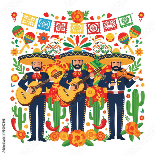 Colorful illustration of mariachi musicians playing guitars and violin