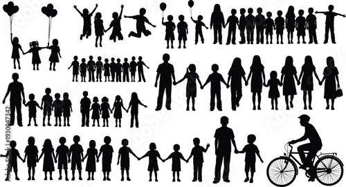 Children silhouettes, family community, social interaction, kids holding balloons, jumping figures, bicycle rider, childhood innocence, outdoor play
