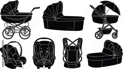 Baby stroller silhouette, infant car seat, bassinet illustration, baby carrier design, parenting equipment, childcare gear, newborn transport