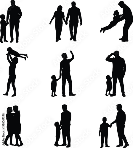 Family and parent child silhouettes set showing love, care and bonding moments, black human figures isolated on white background vector