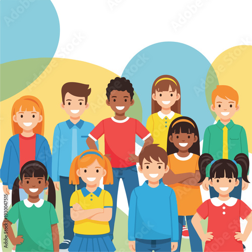 Group of diverse, smiling children, with layered colorful abstract shapes