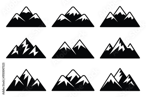 Collection of stylized mountain range with snow-capped peaks