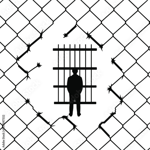 Prisoner silhouette behind jail bars with broken barbed wire fence, freedom loss, confinement and injustice concept isolated on white
