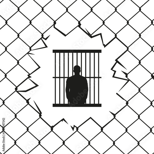 Prison silhouette with man behind jail bars and cracked fence, symbol of confinement, freedom loss and injustice isolated on white