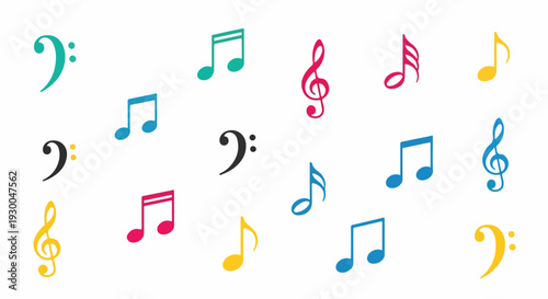 Colorful musical symbols scattered on white, creative composition