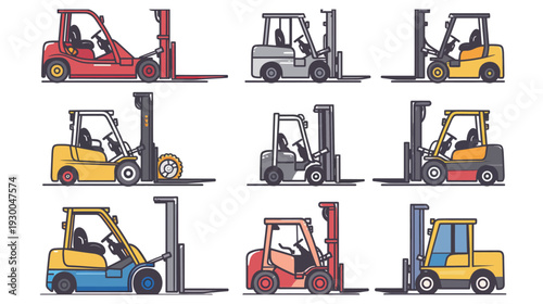 Forklift outline and colored illustration vehicle icons, flat industrial transport equipment design with clean lines and solid colors 