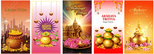 A series of five blurry posters featuring golden objects and festive designs.
