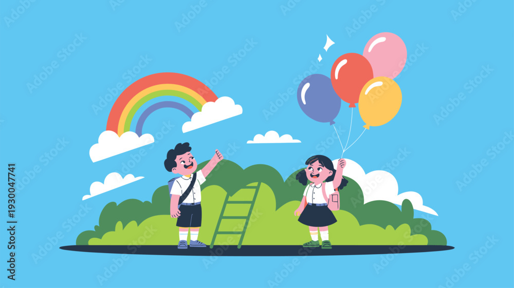Fototapeta premium School children, learning, education, ladder, balloons, rainbow