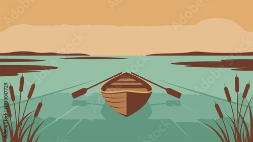 Rowboat on lake, nature scene, peaceful water, flat