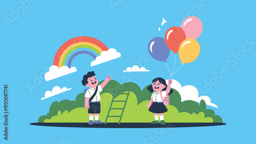 School children, learning, education, ladder, balloons, rainbow