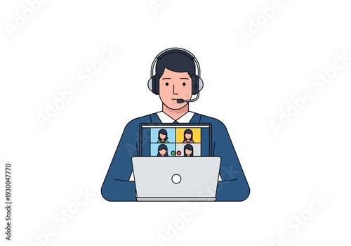 Man wearing headset participates in a digital conference call on his laptop computer connecting with diverse colleagues in multiple video windows for