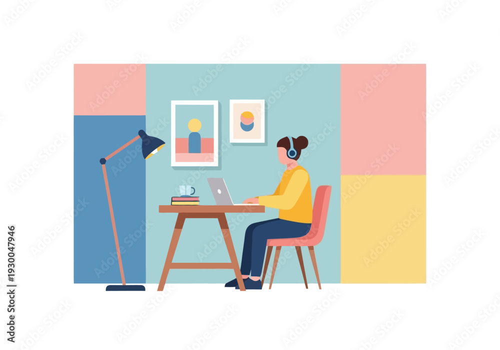 Fototapeta premium Modern Home Office Setup With Woman Working Remotely On Laptop Wearing Headphones And Using Desk Lamp For Illumination