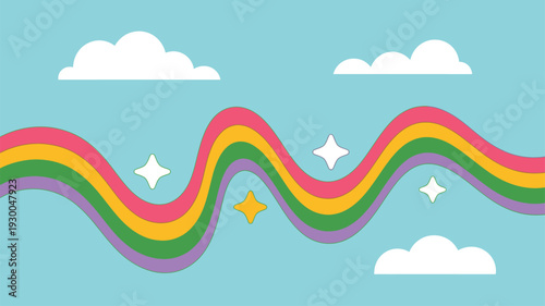 Wavy Rainbow, Colorful Sky, Clouds Stars
