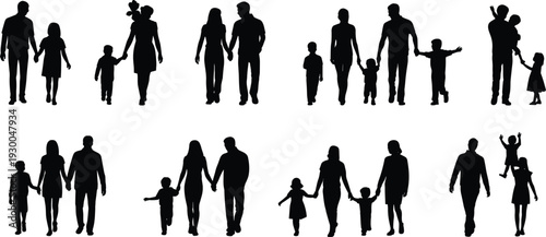Set of family silhouettes walking together, parents with children holding hands, black family figures isolated on white background vector