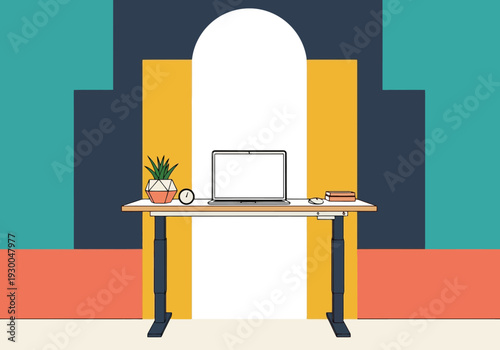 Modern ergonomic standing desk setup with laptop and plant in a contemporary office interior with abstract geometric wall art