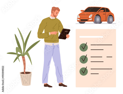 Car buying, checklist management, digital planning, vehicle selection, documentation, evaluation process. Man holding tablet, checklist orange car potted plant. Car buying and checklist management